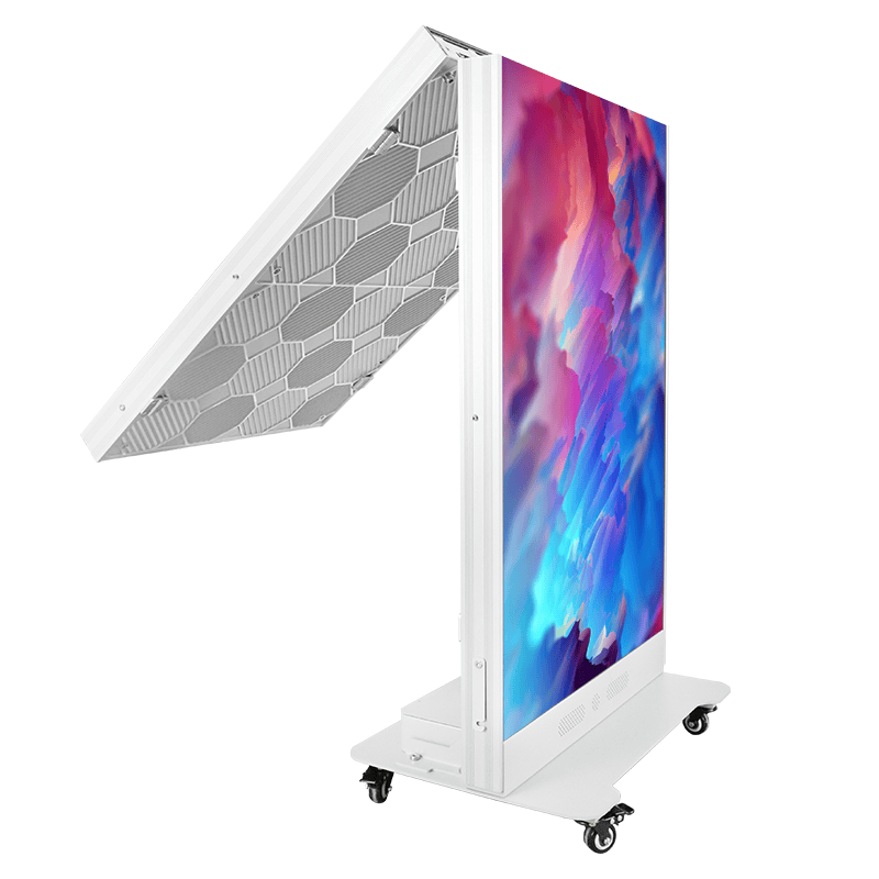 Portable white LED display on a wheeled stand, angled upright with a colorful abstract screen image.