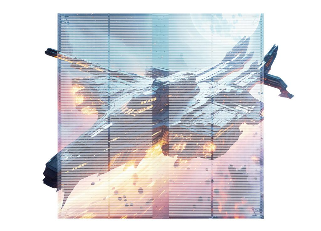 EA1000TiF2 transparent LED cabinet displaying sample artwork