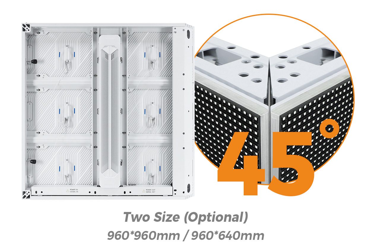 Front view of a modular LED cabinet with a zoomed-in corner module and an orange 45° marker over the corner area, plus size options text below.