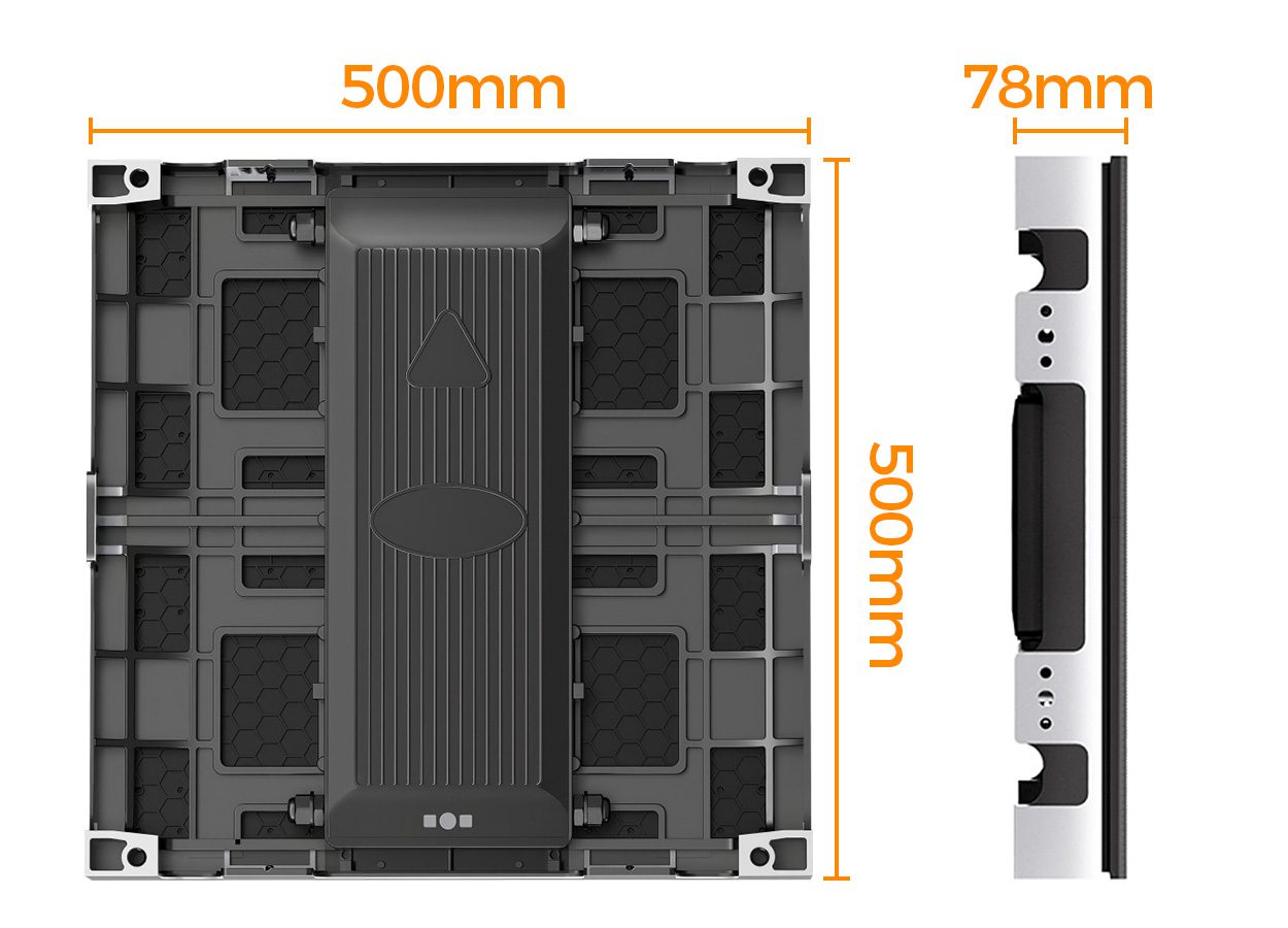Back view of a modular LED panel showing dimensions: 500 mm wide, 500 mm tall, 78 mm deep (side profile).