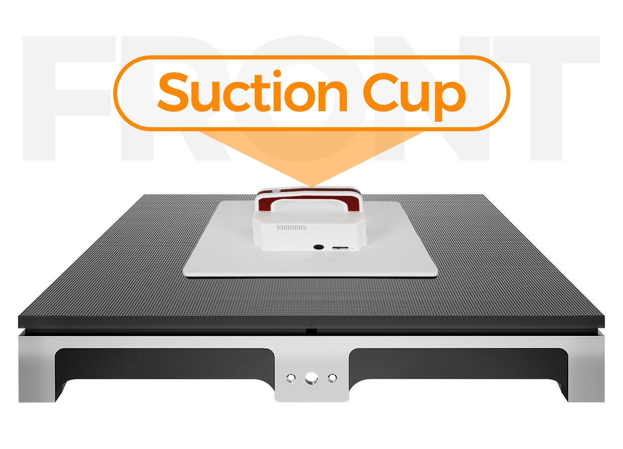 White vacuum suction cup mounted on a perforated black platform, with an orange-outlined label reading 'Suction Cup'.