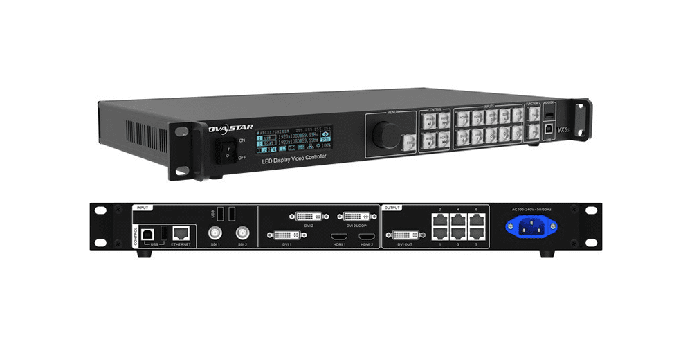 Rack-mount LED display video controller shown from front and rear with multiple input/output ports and controls