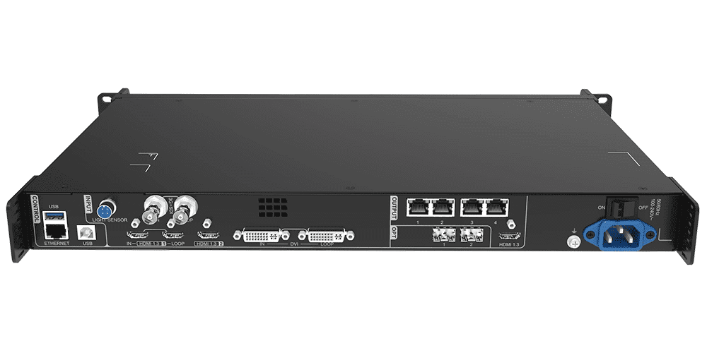 Novastar VX400 -1 Back view of a 1U rack-mount AV processor with multiple Ethernet ports, USB, DVI and HDMI outputs, and a blue power inlet for 100–240V AC.
