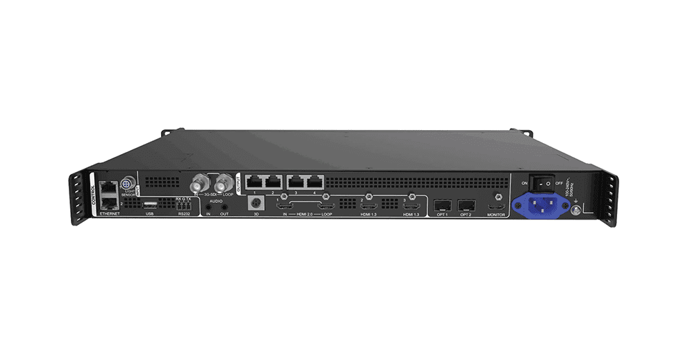 Novastar VX400 Pro-3 Rear view of a 1U rack-mount network appliance with Ethernet ports, USB, HDMI, and a blue power inlet, on a white background