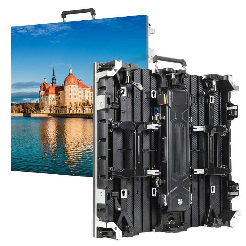Large LED display panel; front shows a castle by a calm lake, while the back reveals the modular mounting structure.