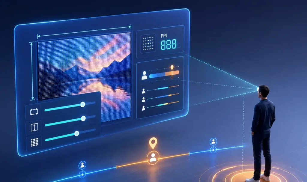 A man stands and gazes at a large holographic control panel displaying a digital dashboard with charts, user icons, and location markers.