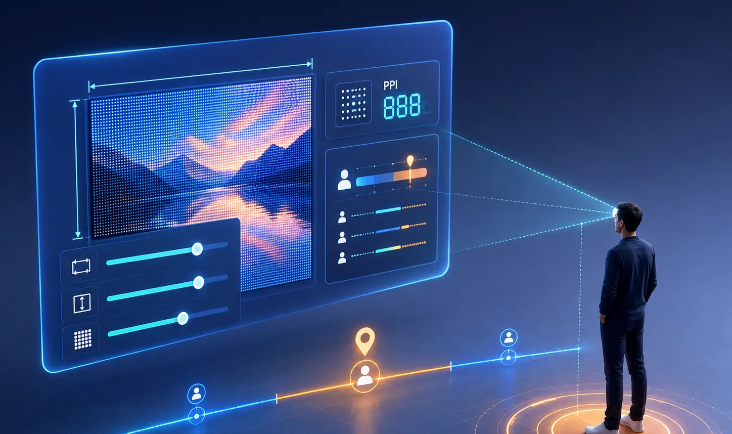 A man stands and gazes at a large holographic control panel displaying a digital dashboard with charts, user icons, and location markers.