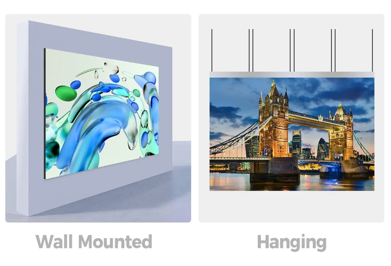 Wall-mounted and hanging LED screen installation options