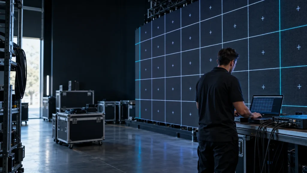 AV technician commissioning a modular LED wall with a laptop and control hardware