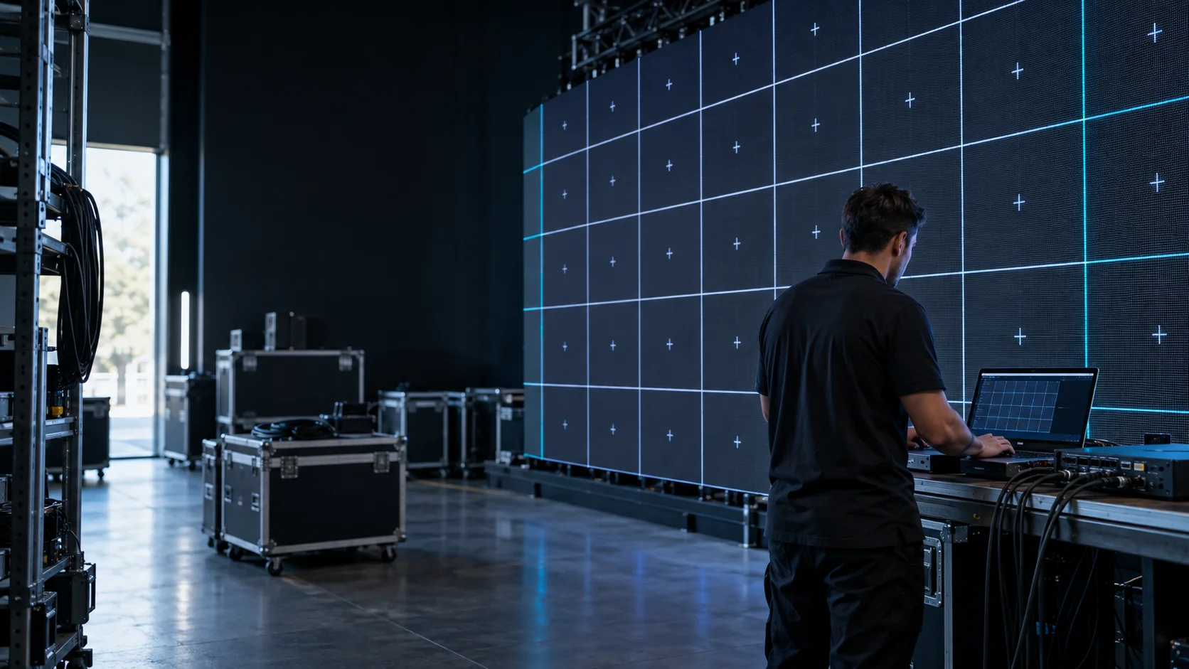 AV technician commissioning a modular LED wall with a laptop and control hardware