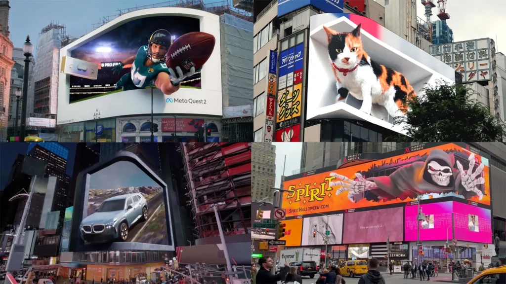 Naked-eye 3D advertising examples - LED Display Price - LED Display Price Four outdoor LED billboard examples with product and character imagery